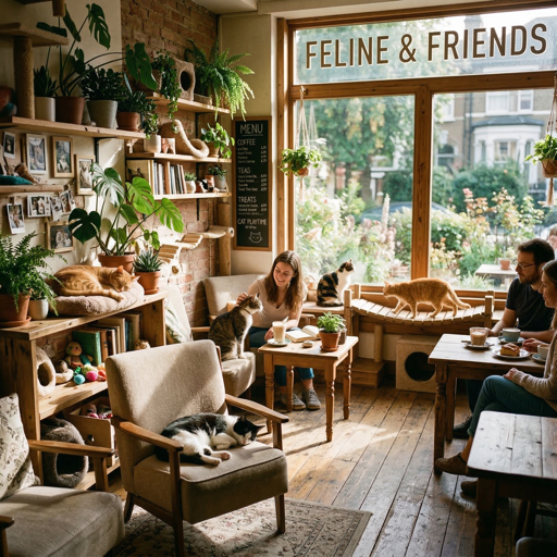 A cozy cat cafe interior with sunlight streaming through large windows, warm atmosphere, plants on shelves