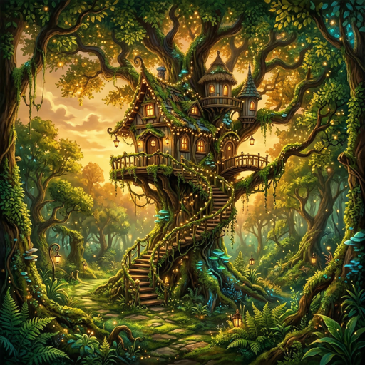 A magical treehouse in an enchanted forest at golden hour, fairy lights, lush green foliage