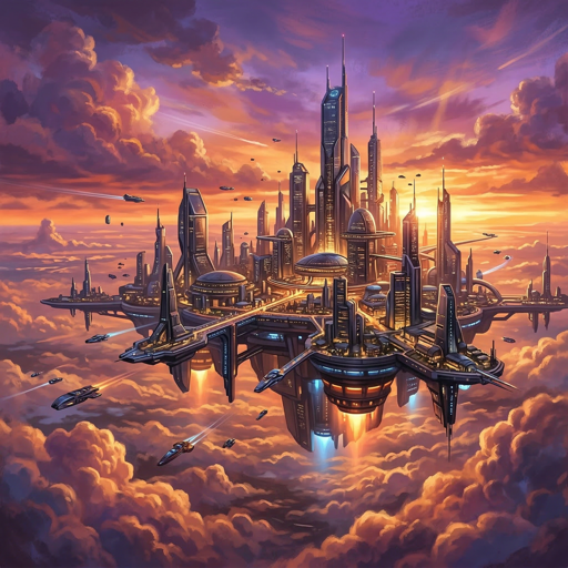 A futuristic floating city above clouds at sunset, sleek buildings, warm orange and purple sky