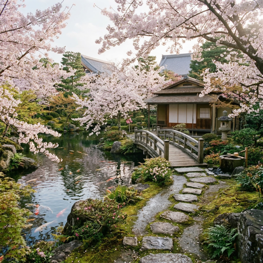 A serene Japanese garden with cherry blossoms in full bloom, koi pond, stone path, soft morning light
