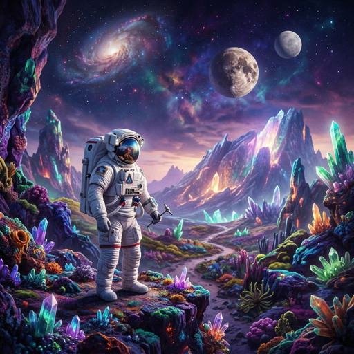 An astronaut standing on a vibrant alien planet with colorful crystal formations and two moons