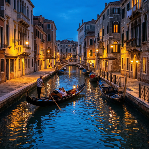 A Venetian canal at blue hour with gondolas, warm street lights reflecting on water