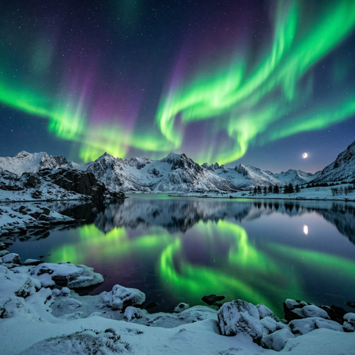 Northern Lights aurora over a snowy mountain lake, vivid green and purple sky, mirror reflection